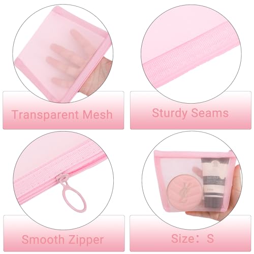 6 Pieces Zipper Mesh Makeup Bags Set, Nylon Cosmetic Bags Portable Clear Toiletry Bas Travel Organizer Bags for Office Travelling Organization (Pink, Assorted Size) - color: Pink
