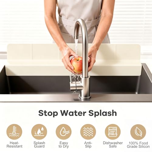 Sink Splash Guard with Suction Cups, 23", Silicone Water Guard for Kitchen & Bathroom, Faucet & Countertop Protector, Easy Install, Dishwasher Safe, Cream - color: Cream, size: 23''