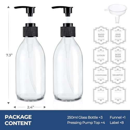 8 oz Clear Glass Pump Bottle, 250ml Small Lotion Dispenser Bottle for Body Massage Oil, Refillable Empty Hand and Dish Soap Dispensers Set with Labels - 3 Pack - color: Clear