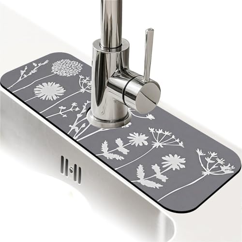 Faucet Fast Absorbent Pad - White Flowers And Grass Silhouettes Drying Pad, Suitable For Kitchen, Bathroom, Island And Other Scenes - color: White flowers and grass silhouettes