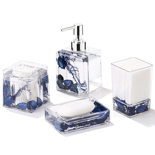 Blue Clear Bathroom Accessories Set,4PCS Flower Acrylic Bathroom Accessory Sets Complete, Lotion Soap Dispenser, Tumbler, Qtip Holder, Soap Dish, Modern Bathroom Décor Set, Gift for Home - color: Blue-4pcs
