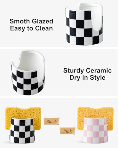 Kitchen Sink Cute Ceramic Checkered Sponge Holder, Dish Sponge Rack Brush Holder Organizer, Farmhouse Kitchen Decor Dish Rack for Brush, Scrubbers, Bathroom, Sink (Black-white) - color: Black-white