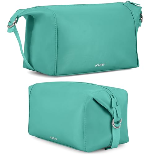 KAZAY Expandable Toiletry Bag with Side Clips for Adjustable Sizing, Premium High-Density Nylon, Open Wide Zipper, Stylish, Water Resistant, Cosmetic Bag, Makeup Bag, Full-Size Bottles, Unisex (Aqua) - color: Aqua
