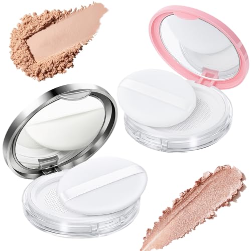 2-Pack Refillable Loose Powder Container with Puff & Mirror - 0.17 oz | Tokusatsu Travel Portable Empty Makeup Compact with Mesh for Women Girls (Pink, Silver) - color: Pink, Silver