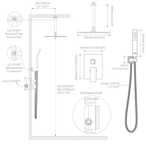 SunCleanse Rainfall Shower System Brushed Nickel Ceiling Mounted Shower System Combo Set with High Pressure 12 Inches Square Rain Shower Head Handheld and Shower Faucet Rough-in Mixer Valve and Trim - color: Brushed Nickel, style: 12-ceiling