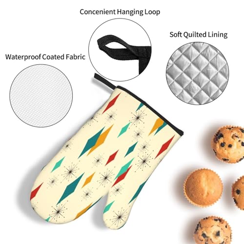Mid Century Modern Oven Mitts and Pot Holders Set Heat Resistant Non Slip Set of 3 Retro Decor Kitchen Gloves Hot Pads for Cooking BBQ Baking Grilling - color: Mid Century