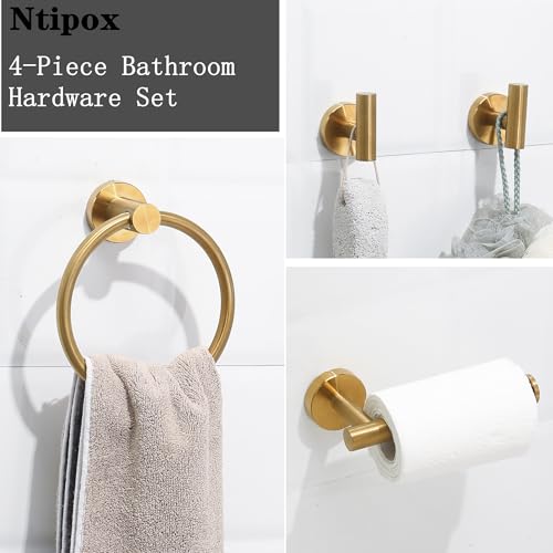 4 Piece Brushed Gold Stainless Steel Bathroom Hardware Set Include Hand Towel Ring, Toilet Paper Holder,and 2 Robe Towel Hooks,Bathroom Accessories Kit - color: Brushed Gold