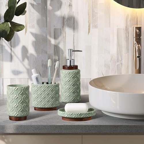 RQYIXI Elegant 6 PCS Ceramic&Wood Bathroom Accessories Set:Soap Dispenser,Toothbrush Holder,Tumbler,Soap Dish,Tray,Trash Can,Easy to Clean,Quatrefoil Pattern,Green-Affordable Home Luxury - color: Green Set-6pcs-new