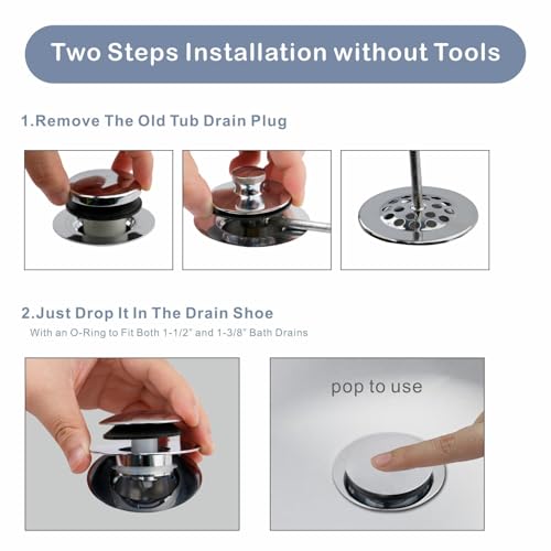 Chrome Plated Universal Tub Dain Stopper, Hidrop Pop Up Bath Drain Tip Toe Bathtub Drain Stopper,Conversion Kit Assembly, Replaces Lift and Turn, Tip-Toe and Trip Lever drains for Tub, EZ Install - color: Chrome