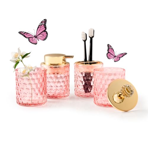 Pink Bathroom Accessories, 4Pcs Pink Bathroom Accessory Set Complete, Toothbrush Holder Set, Soap Dispenser, Qtip Holder, Tumbler, Perfect for Bathroom Decor and Vanity - color: Pink