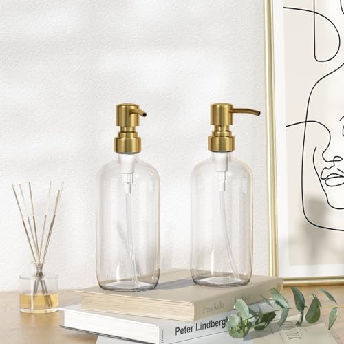 AmazerBath Soap Dispenser, 2 Pack Glass Soap Dispenser with Pump Stainless Steel, 17 Oz Clear Gold Hand Soap Dispensers for Bathroom and Kitchen - color: Cear & Gold