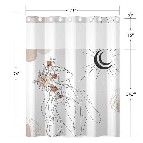 No Hook Shower Curtain with Snap in Liner, 2-in-1 Double Layer Bath Curtain Set 71x74 Inch | Abstract Feminine Line Art with Moon & Flowers, Sheer Mesh Top, Modern Boho Bathroom Decor - color: Feminine Art