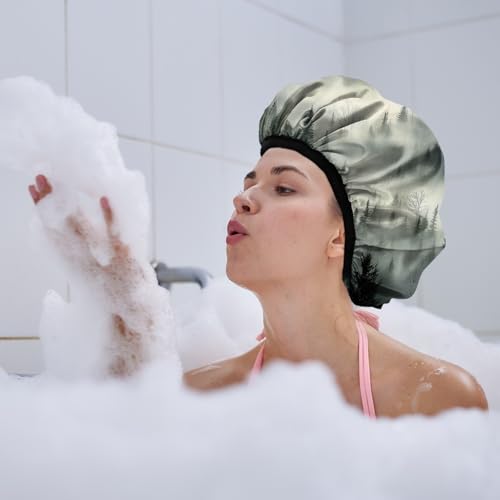 Luxury Shower Cap Terry Lined Reusable Triple Layer Waterproof Hair Elastic Caps Shower Bath Hat for Women Girls Cute Aesthetic-Cloud Forest - color: AL15-Cloud Forest