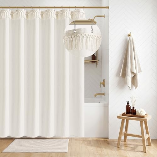 Cream Shower Curtain with Top Tassels Water Repellent 72x72 Inch | Boho Farmhouse Natural Elegant Aesthetic, Shower Curtains, Linen, Ivory, for Bathroom Decor, with Hooks Sets, 72 x 72 Inches - color: Natural - Top Tassels, size: 72"W x 72"L (Pack of 1)