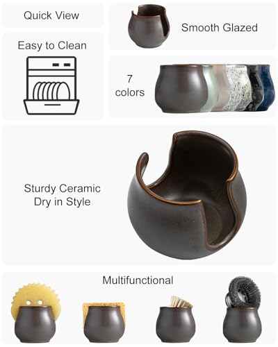 Zoeeker Sponge Holder for Kitchen Sink, Ceramic Dish Sponge Drying Rack Scrubby Holder Kitchen Organizer Cute Sink Caddy, Farmhouse Decor, Dark Agate Red - color: Dark Agate Red, size: Barrel-type