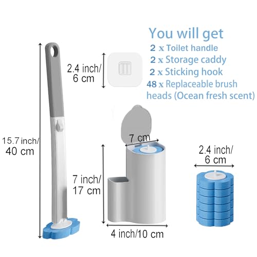2 Pack Disposable Toilet Brush and Holder Set,Extended Handle with 48 Cleaner Refills Toilet Brush for Toilet Bowl Cleaners,Bathroom Cleaning, Bathtub - Blue (Ocean Fresh Scent) - size: 2 set+48 refills-Blue