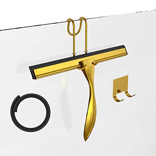 Shower Squeegee Set, 10-Inch Stainless Steel Squeegee for Bathroom, Shower Doors, Mirrors, Tiles, Car Windows - 100% Streak Free, Includes Shower Door Hook, Adhesive Hook and Spare Silicone Blade - color: Gold, size: 10-inch
