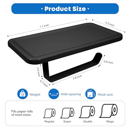 Toilet Paper Holder with Shelf, Space Aluminum TP Roll Holder, Self Adhesive & Screw Wall-Mounted Toilet Tissue Rack for Smaller Bathroom Washroom Restroom Kitchen (2 Hooks Included) - Black