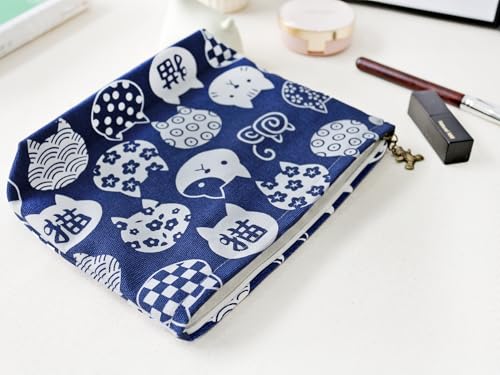 HAPPYHEIDI Canvas Makeup Bag, Cosmetic Travel Pouch, Kawaii Blue Cats, Cotton Blend, Animal Print, Zipper Closure, 7.1x2.4x7 Inches - color: GR-Canvas-Blue Cats