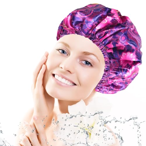 4 PCS Shower Cap for Women, Elastic and Reusable Bath Caps, Double Layers Shower Caps Reusable Waterproof, Bathing Shower Caps, Environmental Bath Hair Protection Cap - Printing Flower D - color: Printing Flower D