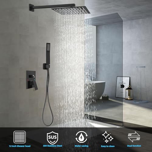 Bathroom Shower Faucet Set，12 Inch Rain Shower Head with Handheld Spray，Brass Shower Valve Trim Kit，Wall Mounted Square Rain Shower System (Matte black) - color: Matte Black, size: 12 Inch Shower Head
