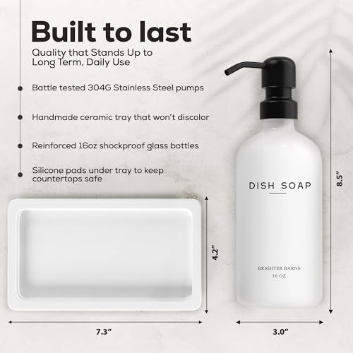 White Glass Hand and Dish Soap Dispenser Set by Brighter Barns - Kitchen Soap Dispenser Set with Tray for Kitchen, Home or Vacation Rental - Modern Kitchen Decor & Accessories (White) - color: White Hd