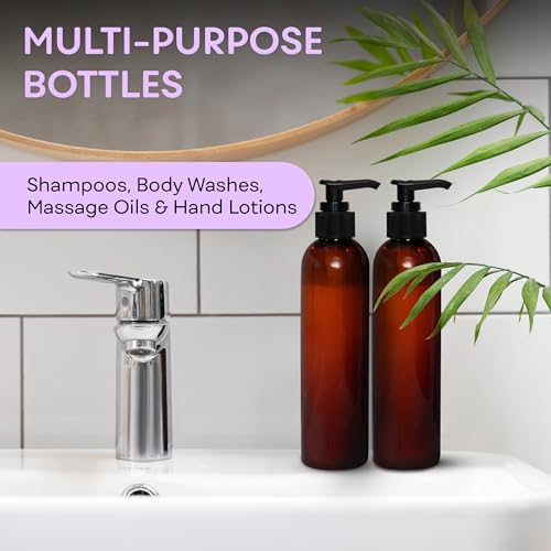 BRIGHTFROM Lotion Pump Bottles, Empty 8 OZ, BPA-Free Refillable Plastic Containers, Amber with Black Dispenser for - Soap, Shampoo, Lotions, Liquid Body Soap, Creams and Massage Oil (3 PACK) - color: Amber