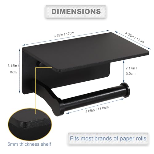 Toilet Paper Holder with Cell PhoneShelf - Toilet Tissue Holder with Wipes Storage, Wall Mounted by Adhesive Tape or Screw - Matte Black - color: Black-1 Roll