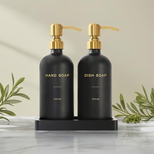 Prus Waso Black Soap Dispenser for Kitchen Sink, Hand and Dish Soap Dispenser with Stainless Steel Pump, Perfect for Gold Kitchen Accessories. (Gold & Black) - color: Hd Gold Pump & Black Bottle