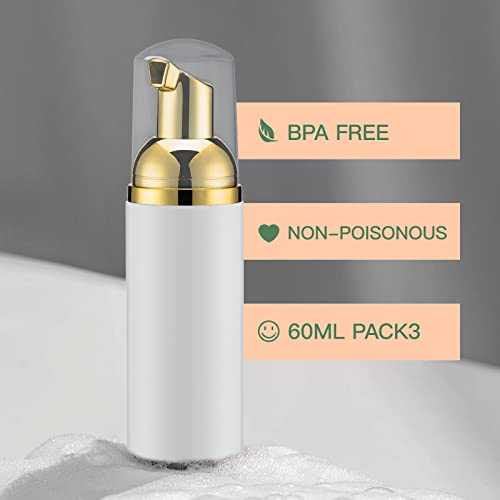 Travel Foam Pump Bottle - 2oz Small Size Foaming Hand Soap Dispenser - Mini Portable Mousse Lash Shampoo Kit Container for Hair - Empty Leak Proof Plastic Gold &Black,White,Pink Foamer 3Pack - color: Gold Bwp