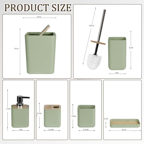 CERBIOR Bathroom Accessories Set 6 Piece Bamboo Bath Ensemble Includes Soap Dispenser, Toothbrush Holder, Toothbrush Cup, Soap Dish for Decorative Countertop and Housewarming Gift (Green) - size: Complete Set, style: Green