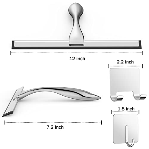 All-Purpose Stainless Steel Shower Squeegee for Shower Doors with 2 Adhesive Hooks, Bathroom Cleaner Tool Household Window Mirror Squeegee for Home Cleaning, Glass Door, Tile Wall, Car, 12 Inch Silver - color: Silver, size: 12 Inch