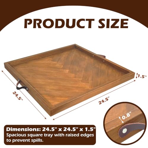 Large Square Ottoman Tray 24.5"x24.5", Wooden Ottoman Trays with Leather Handles, Rustic Decorative Storage Tray for Ottoman - size: 24.5" x 24.5" x 1.5"