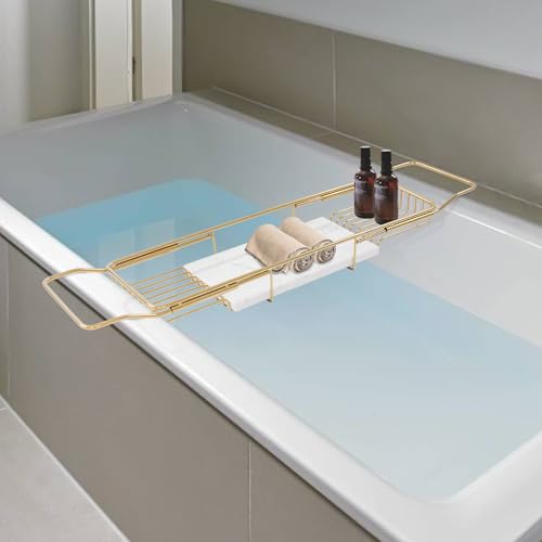 Bath Tray for Tub, Metal Bathtub Marble Tray Stainless Steel Bathtub Caddy Trays for Luxury Bath, 26.8-35.4in Adjustable Bathroom Tub Trays W/Marble Board Groove