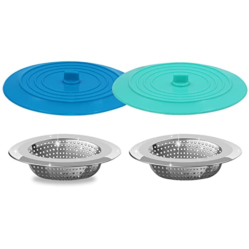 V-TOP Kitchen Drain Strainer Stopper 4 Pack, Universal 6 Inch Silicone Plug Anti-Clogging Stopper Cover, 4.5 Inch Stainless Steel Basket Strainer Food and Hair Catcher - color: 6" Blue & Green