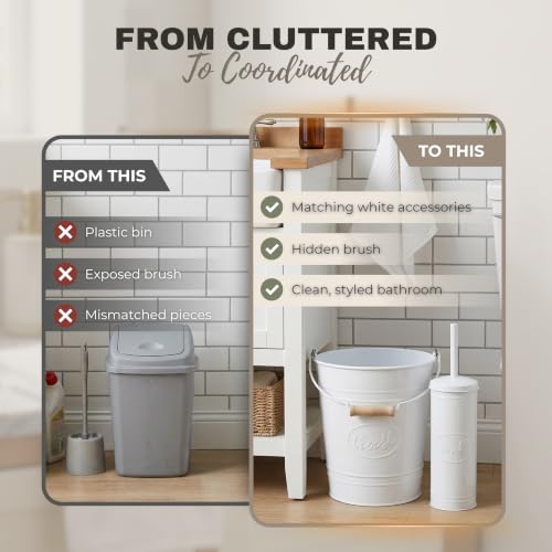 Autumn Alley Rustic Farmhouse White Bathroom Trash Can and Toilet Brush Set – Bathroom Accessories for Modern Farmhouse Charm, White Trash Can with Toilet Brush and Holder, 2 Gal. Capacity - color: White
