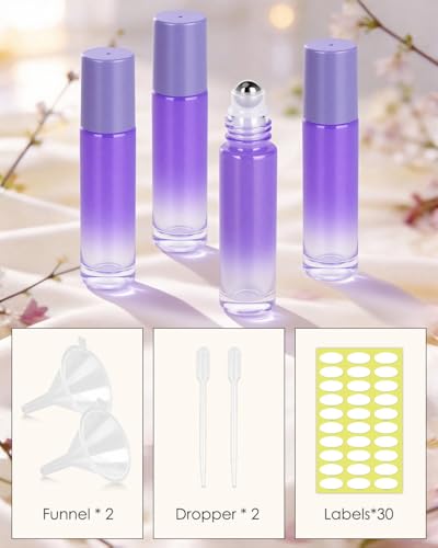 Worldgsb 25 Pack Essential Oil Roller Bottles, 10ml Refillable Glass Roller Bottles with Stainless Steel Roller Balls and Caps for Travel, Perfume and Lip Gloss Purple Gradient - color: Purple-Gradient, style: 25 Pack