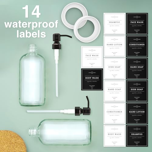Vine Creations Clear Glass Soap Dispenser, 2 Pack Kitchen Soap Dispenser Set with Stainless Steel Pump, 16 oz Dish Soap and Hand Soap Dispensers for Bathroom with Waterproof Labels - color: Clear Bottle / Round Oil Rubbed Bronze Pump