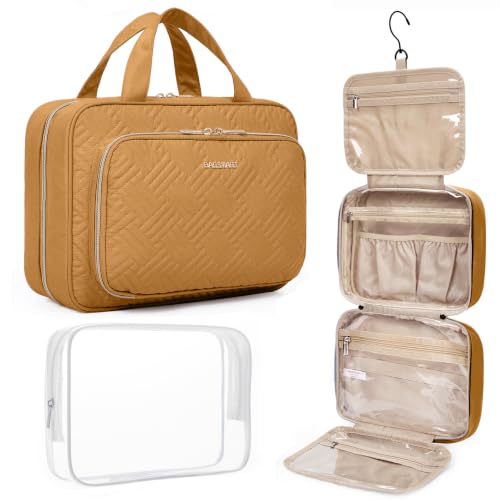 BAGSMART Toiletry Bag Hanging Travel Makeup Organizer with TSA Approved Transparent Cosmetic Bag Makeup Bag for Full Sized Toiletries(Stone Khaki) - color: Stone Khaki, size: Medium