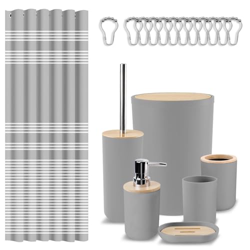 Britimes Bathroom Accessories Set, Grey Shower Curtain Set with Trash Can, Soap Dispenser, Toilet Brush Holder, Toothbrush Holder and Toothbrush Cup for Bathroom Decor - color: Grey1