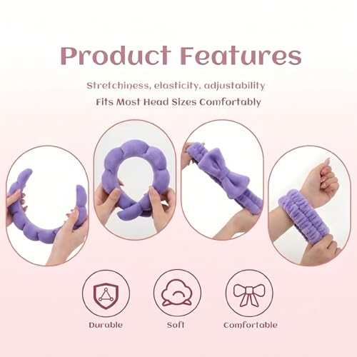 Skincare Headband Washing face Wristband Set, Purple | Soft absorbent fabric, snug head-hugging fit for face washing, skincare, makeup, masks, travel, women and teen girls - color: Purple