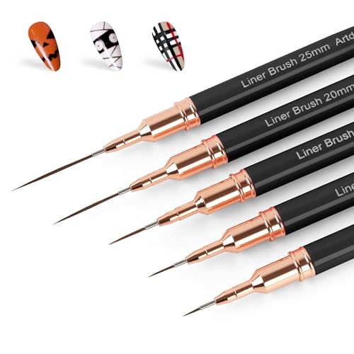 Artdone Metallic Nail Art Pens, Liner Brushes Set, 5PCS Black Nail Tools | For Long Lines, Thin Details, Fine Drawing, Liner Brush UV Gel Polish Painting Nail Design Sizes 5/8/12/20/25mm - color: Black Liner Brush Set