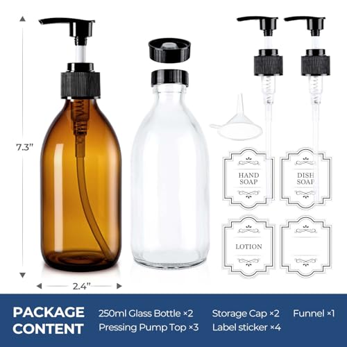8 oz Glass Pump Bottle, 250ml Small Lotion Dispenser Bottle for Body Massage Oil, Refillable Empty Hand and Dish Soap Dispensers Set with Storage Caps, Labels - Amber & Clear, 2 Pack - color: Clear & Amber
