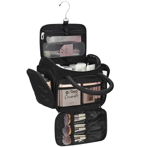 Travel Toiletry Bag for Women with Hanging Hook, Large Wide-open Travel Bag with 2 Removable Dividers, Puffy Makeup Bag Organizer with Compartments for Full Sized Container, Cosmetics, Toiletries - color: Black, size: X Large