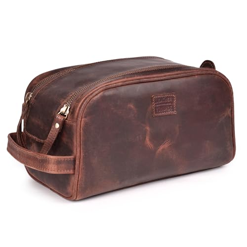 LEATHER VILLAGE Genuine Leather Toiletry Travel Bag With Waterproof Lining - Mulberry Brown | King-Size Handcrafted Vintage Dopp Kit Bag, Shaving & Bathroom Organizer, Gift for Men & Women - color: Mulberry Brown