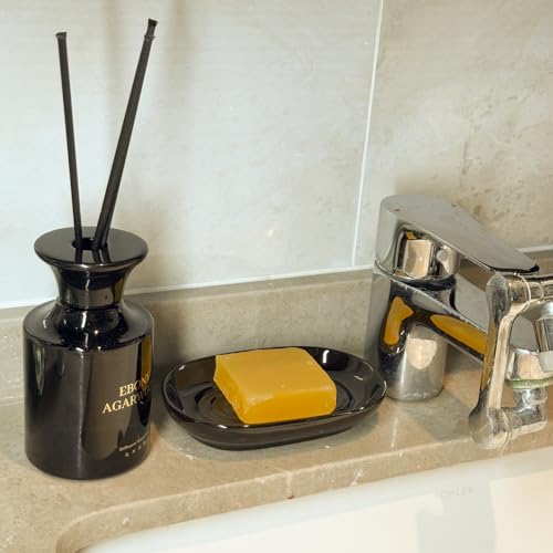 Ceramic Marble Pattern Soap Dish, Textured Raised Soap Saver Tray for Shower Bathroom Kitchen Sink Vanity, Easy to Clean Multi-Use Holder for Bar Soap Jewelry Rings Keys, Black (2 Pack) - color: Black2p