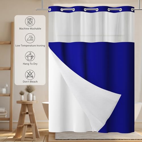 No Hook Shower Curtain with Snap in Liner, Waffle Shower Curtain Set for Bathroom, Hotel Style with Semi-Sheer Top Window, Waterproof & Washable, Navy Blue, 71" W x 80" L - color: Navy Blue, size: 71"W x 80"L (Pack of 1)