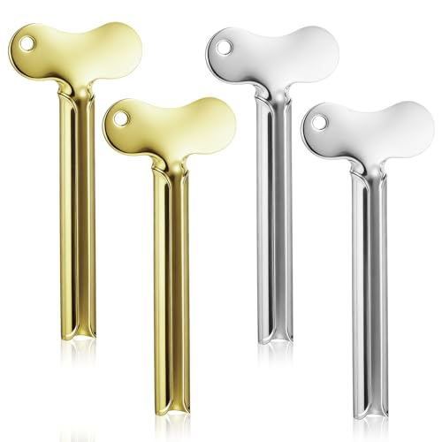 Mabor 4Pcs Toothpaste Tube Squeezer, Metal Toothpaste Key Squeezer Roller | Stainless Steel Tube Wringer Dispenser Tools for Paint Cream Cosmetic Hair Dye, Gold & Silver