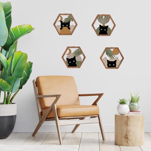HPNIUB Boho Black Cat Wall Decor, Farmhouse Geometric Hanging Wooden Wall Art, 4 Pieces 11''x9.8'' Mid Century Bohemian Abstract Moon and Sun Wood Sign for Nursery Bedroom Decoration, Lovely Cat Gifts - color: Black cat[green style]