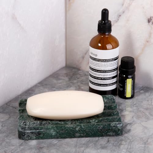 2PCS Koville Indian Natural Green Marble Soap Dish for Shower, Stone Soap Tray for Bathroom, Marble Bar Soap Holder for Sink, Stripe Grooves Soap Saver Sponge Holder - color: Verde Alpi